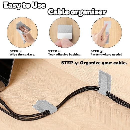 40 PCS Hook and Loop Cable Ties, Self-Adhesive Hook and Loop Cable Straps, Sticky-Back Wire Organizer for Under Desk Cable Management, Adjustable Cable Straps Clips for Home Office(White, Gray)