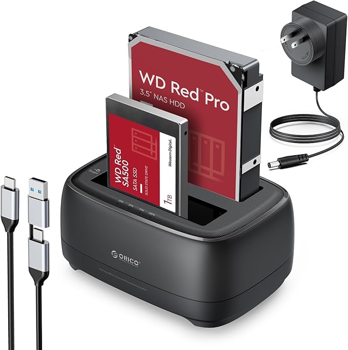 ORICO USB Type C to SATA 2 Bay Hard Drive Docking Station Duplicator/Cloner Function for 2.5 or 3.5 in HDD SSD with 2 in 1 USB C to A/C Cable (DD28C3-C)