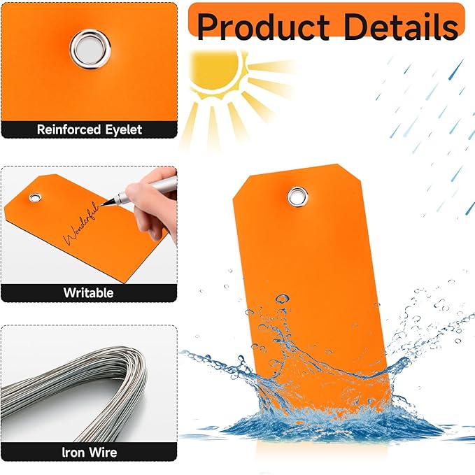 100 Pcs Marking Tags with String Rectangle Plastic Hang Tags Waterproof Orange Tags Wire Tags Write On Tie On Labels Tags for Auto Parts Luggage Garage Inventory DIY Price (Orange, 4 3/4" x 2 3/8")