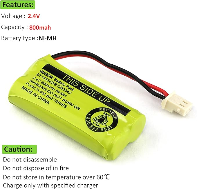 BT183342/BT283342 2.4V 800mAh Ni-MH Battery Pack, Compatible with AT&T VTech Cordless Phone Batteries BT166342/BT266342 BT162342/BT262342 CS6709 CS6609 CS6509 CS6409 EL52100 EL50003 (Pack 2)
