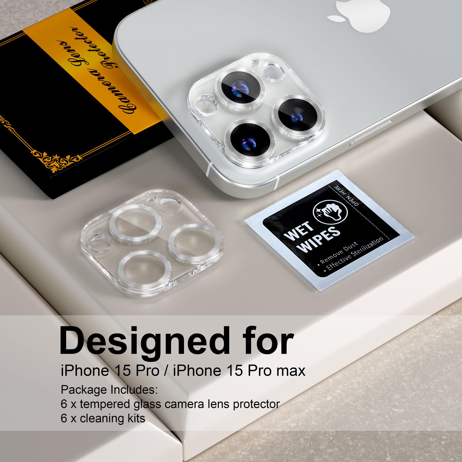 beuxece for 6 Pack iPhone 15 Pro/iPhone 15 Pro Max Camera Lens Protector [Drop Protection] [Case Friendly] [Easy Installation] 9H Tempered Glass Camera Screen Protector Cover, CD Silver
