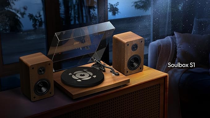SoulBox S1 Vinyl Record Player with Stereo Speakers, Turntable with Built-in Preamp, S-Shaped Tonearm, 33/45 RPM - Walnut