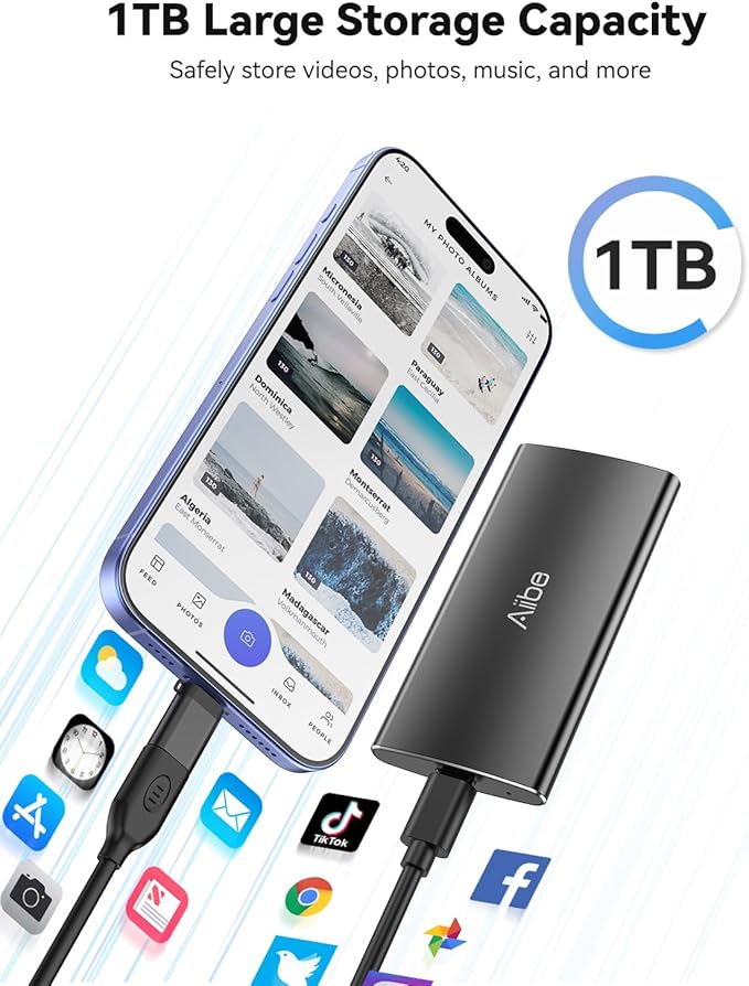 Aiibe 1TB External Solid State Drive USB C Portable SSD USB 3.2 Gen 2, Up to 1050MB/s, 1TB External SSD External Hard Drive for iPhone 15/Pro, Laptop, Mac and PS4 (Black)