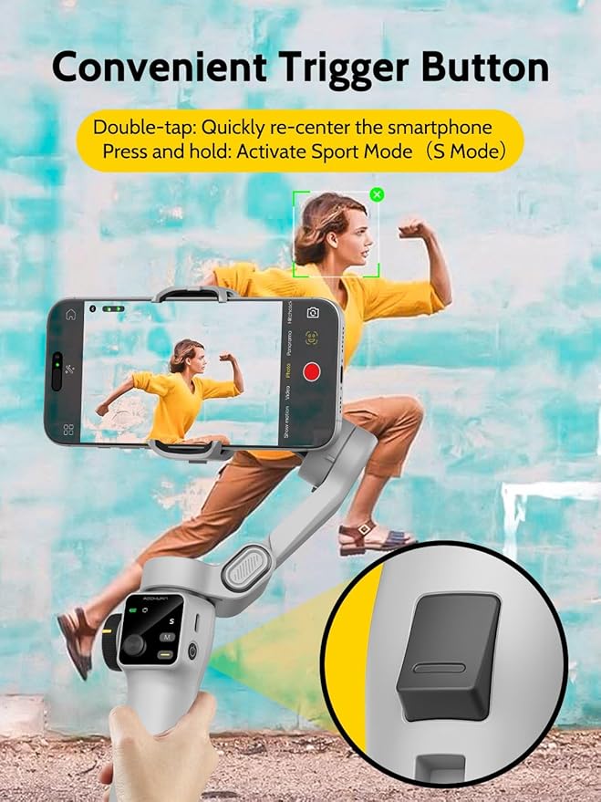 Cellphone Gimbal for Video Recording w/AI Tracking,3 -axis Vlogging Gimbal stabilizer for iPhone w/OLED Display, Smartphone Holder w/7.8' Extension Rod, Trigger Button Smart V8(White)