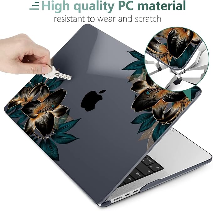 MEEgoodo Case for MacBook Air M4/M3/M2 13.6 inch 2025 2024 2022, Fit Model A3240 A3113 A2681, Compatible with MacBook Air 13 inch, Laptop Hard Shell Case with Keyboard Cover, Golden Lilies