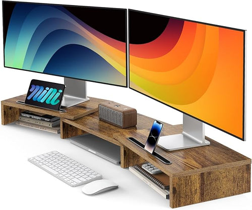 AMERIERGO Dual Monitor Stand Riser for 2 Monitors, Monitor Stand for Desk, Adjustable Computer Monitor Stand with 2 Slot, Multifunctional Desktop Organizer Stand for Laptop, PC, Computer, Printer