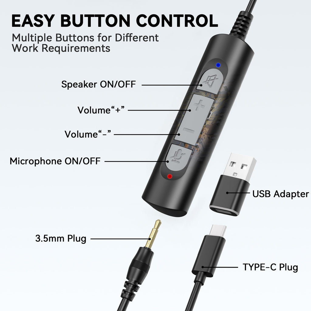 Wantek Headset with Microphone for PC Wired Headphones - USB C 3.5mm Headsets with Noise-Cancelling Microphone for Laptop