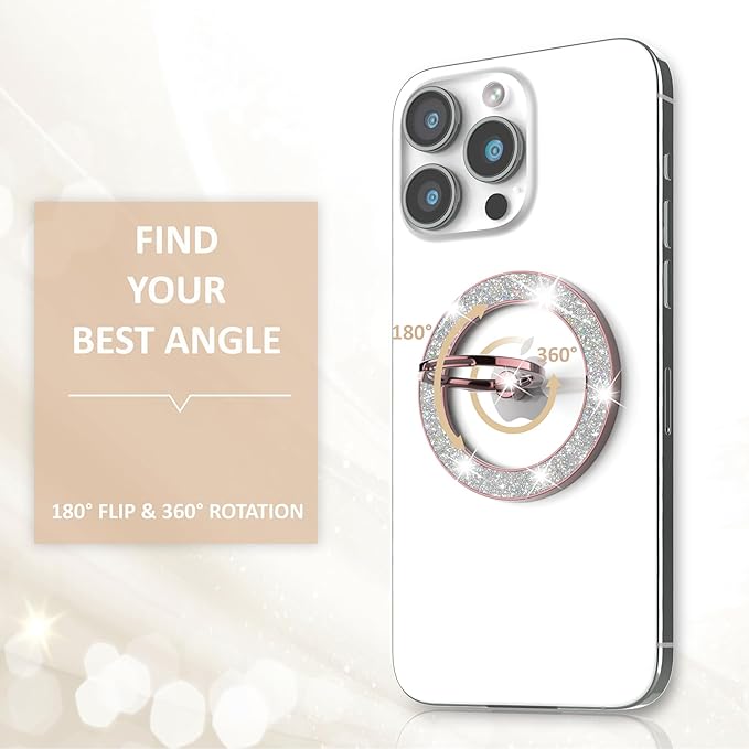 Magnetic Phone Ring Holder for MagSafe, Magnetic Phone Grip for iPhone, Compatible with iPhone MagSafe Wireless Charging. (Glitter Rose Gold)