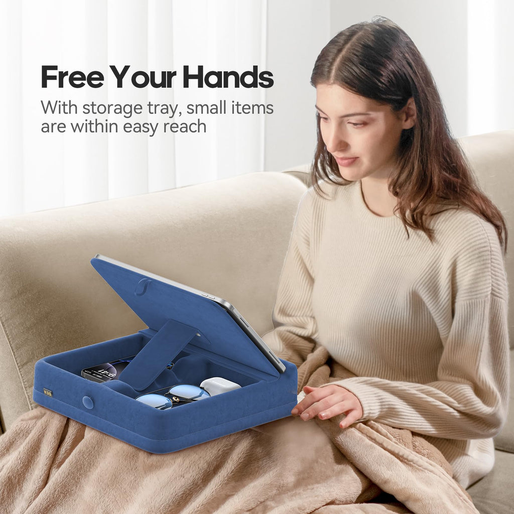 KDD Tablet Pillow Stand with Storage, Foldable iPad Holder for Bed, Lap and Desk, Angle Adjustable Soft Pad Dock with Stylus Mount Compatible with Ipad Pro 12.9, 10.5, 11, Air, Mini, Phones, Books