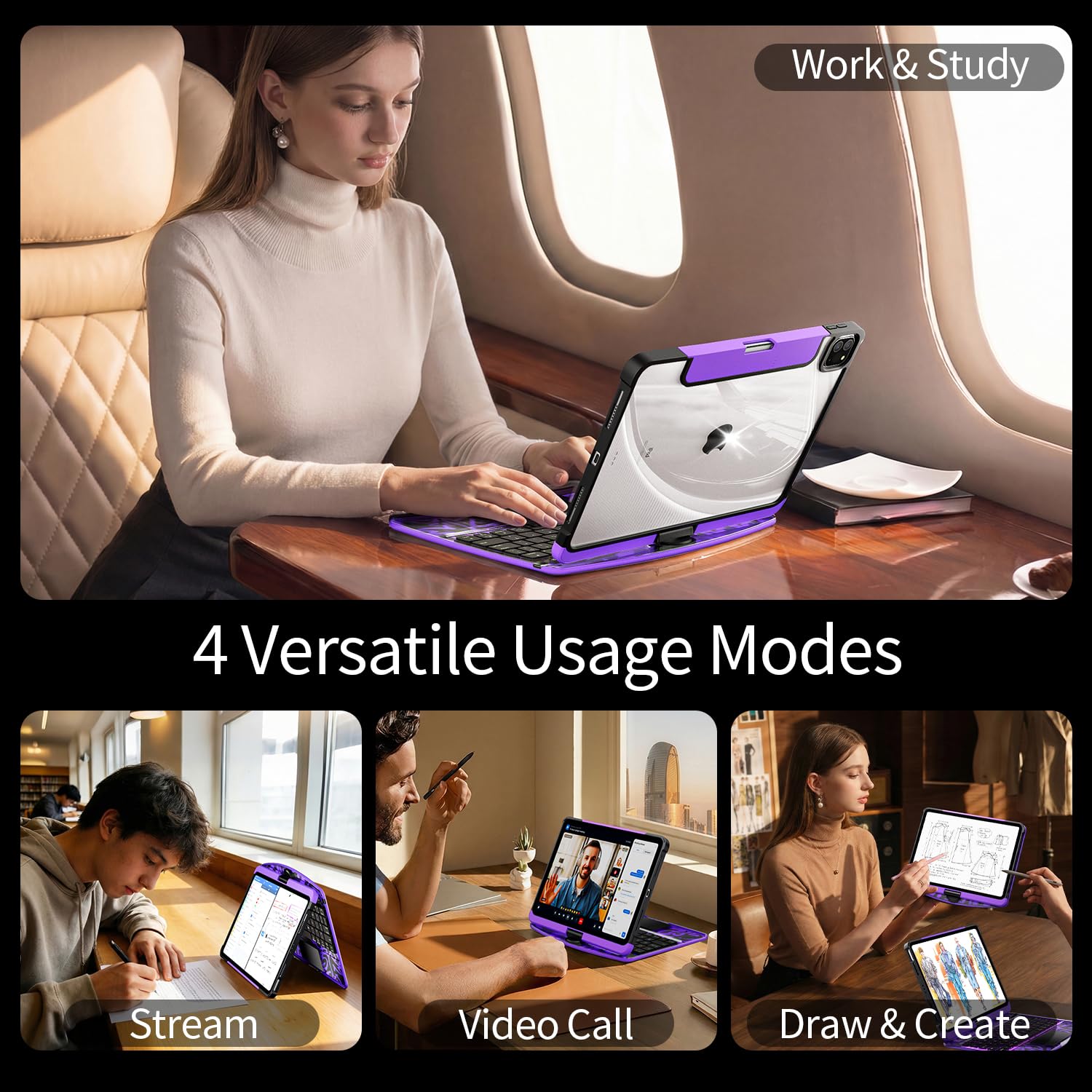 Uminy Clear Keyboard Case for iPad Pro 11 Inch with 360° Rotation, Purple
