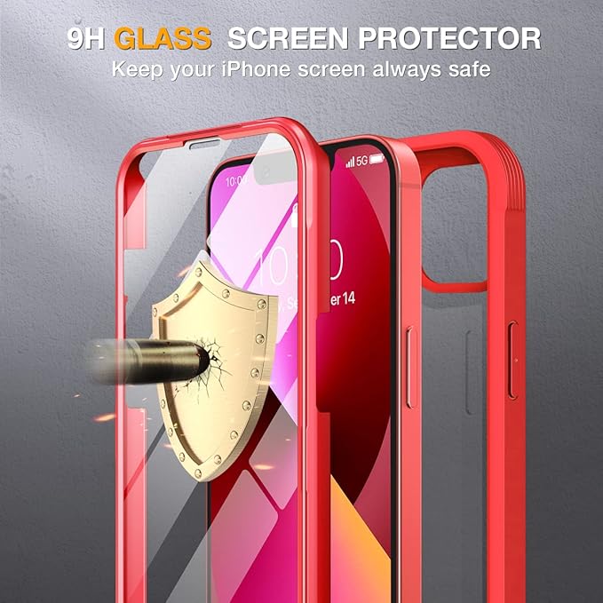 Miracase Compatible with iPhone 13 case 6.1 inch, 2021 Upgrade Full-Body Glass Clear Case Bumper Case with Built-in 9H Tempered Glass Screen Protector for iPhone 13-Red