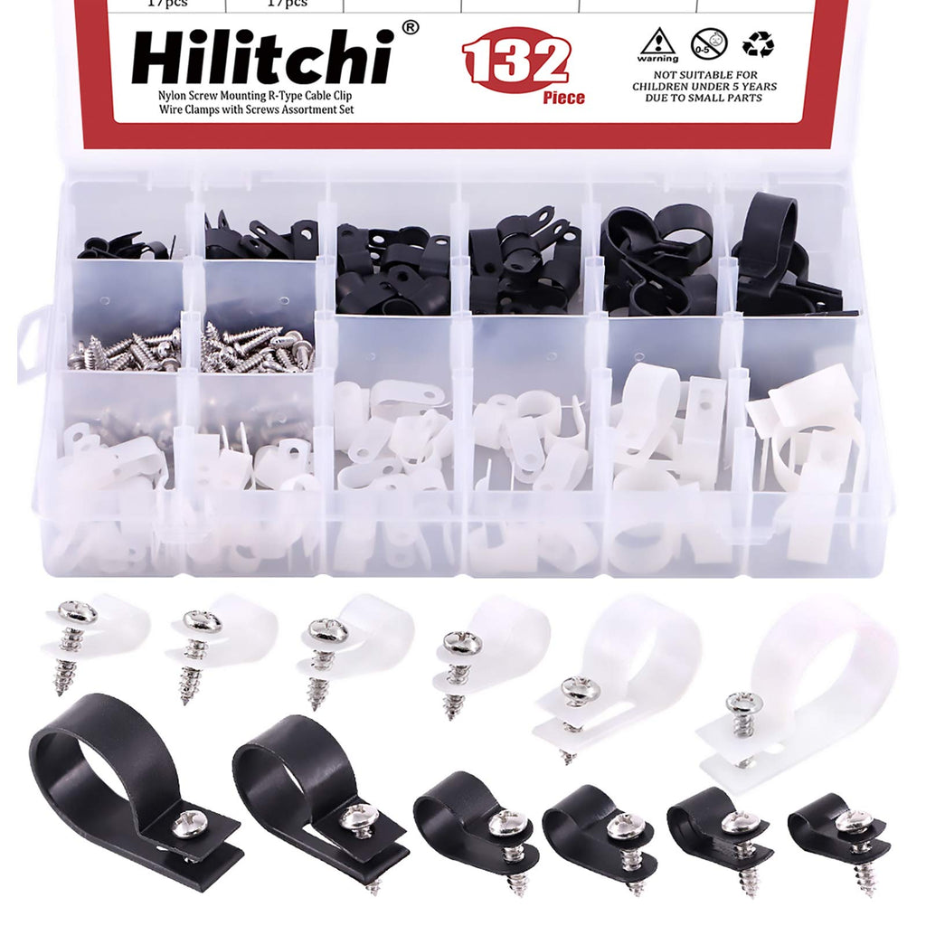 Hilitchi 132 Pcs 6 Sizes Black and White Plastic Cable Clamp R Type Screw Mounting Cord Fastener Cable Clips Assortment Kit with Screws for Wire Management Cable Conduit (Clips from 6mm to 23mm)