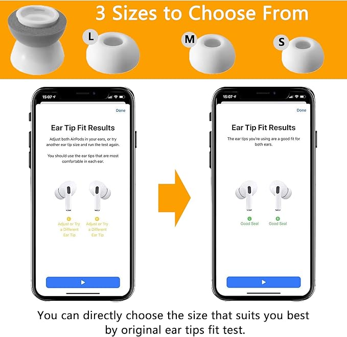 Airpod Pro Ear Tip Memory Foam & Silicone Hybrid Ear Tips, Perfect Noise Reduction, Stays in Your Ears, Ultra-Comfort, Anti-Slip Eartips, Fit in The Charging Case (Grey, Assorted S/M/L)