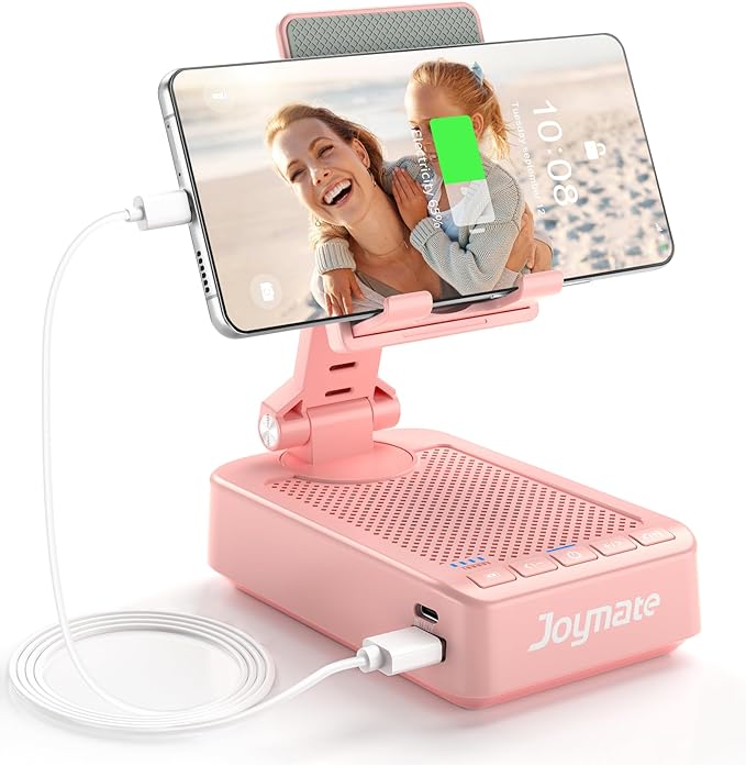 Gifts for Men Women, Phone Stand with Bluetooth Speaker and Charging Function 360° Rotable Angel Adjustable Cell Phone Holder with HD Stereo Sound Fits All Phones,Tablet (Pink)