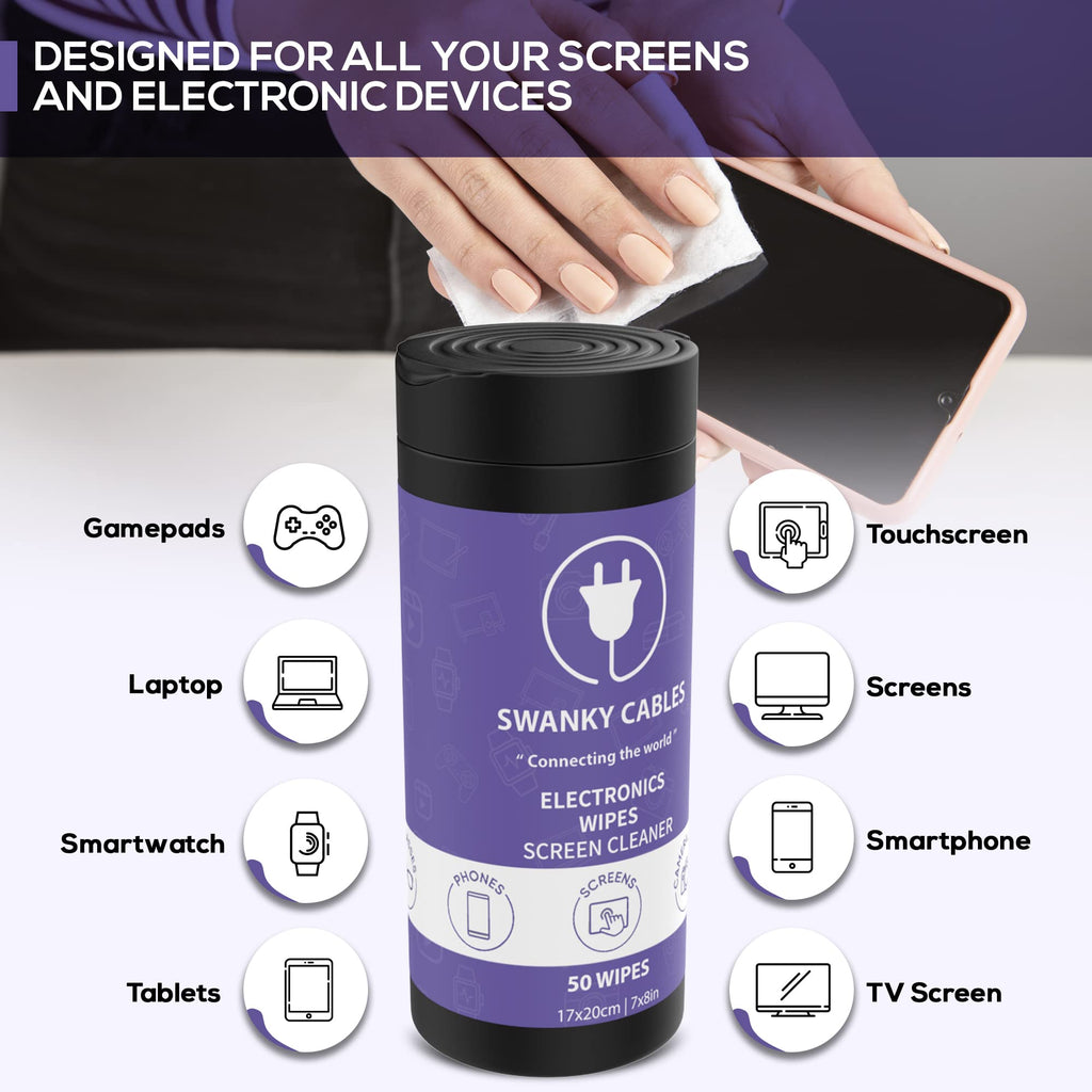 Swanky Cables Electronic Cleaning Wipes - Computer, TV, Monitor, Phone, Laptop, Tablet, Keyboard, Camera & Lens Cleaner, Portable Tech Screen Cleaner - With Microfiber Cloth - Canister, 150 Count