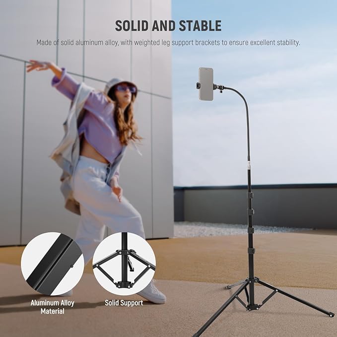 NEEWER 71" Phone Tripod Stand with Reversible Legs Flexible Arm 360° Ball Head Phone Holder & Remote, Portable Photography Light Stand Compatible with iPhone 16 15 Pro Max for Video Recording, TS06