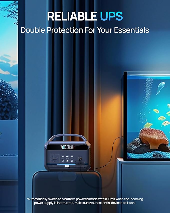 Portable Power Station 1200W Peak, 576Wh Solar Generator, LiFePO4 Battery 1.5Hour Fast Charging, Power Bank for Home & Emergency Backup, Hurricane, CPAP (Solar Optional)