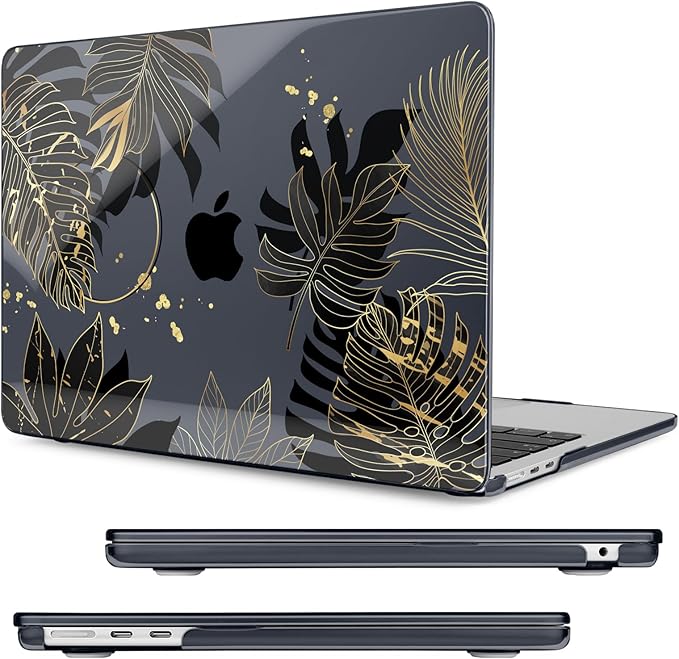 Compatible with MacBook Air 13.6 inch Case, M4 A3240/M3 A3113/M2 A2681 (Released 2025 to 2022), Hard Shell, Keyboard Cover, Screen Protector, Webcam Cover & Type-C Adapter, Gold Tropical Leaf