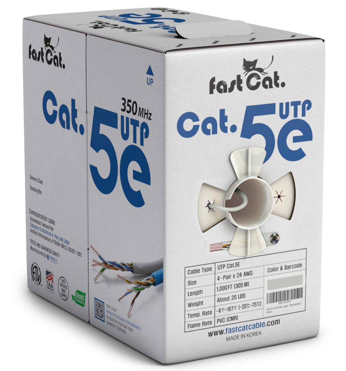 fast Cat. Cat5e Ethernet Cable 1000ft - ETL Listed 24 AWG, CMR, Insulated Bare Copper Wire Cat 5 ethernet Cable with FastReel - 350MHZ / Gigabit Speed UTP Cable Cat5e - CMR (Blue)