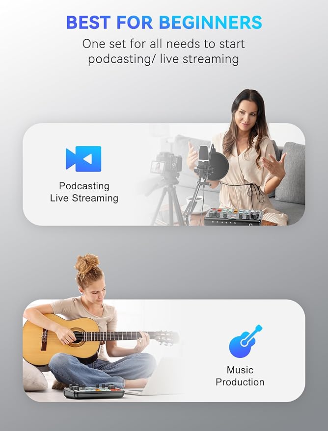 SINWE Podcast Equipment Bundle,Audio Interface with Studio Condenser Microphone for Smartphone & PC,Plug-and-Play Live Sound Card,Perfect for Streaming, Singing, YouTube & Gaming