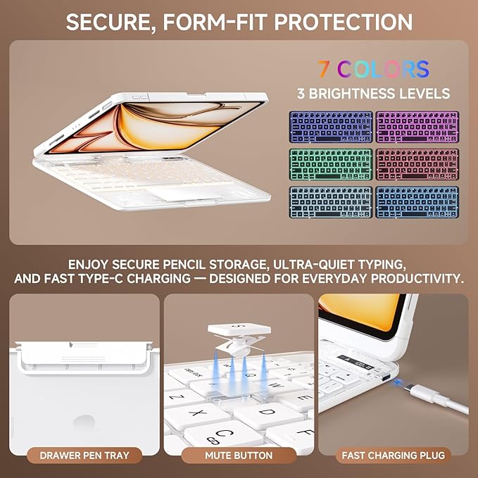 Transparent Case with Keyboard for 2024 iPad Pro 13 inch (M4), iPad Pro 13,7-Color Backlit,Magic Wireless Keyboard, 360°Rotating,Multi-Touch trackpad,Pencil Holder,with Shortcuts,White