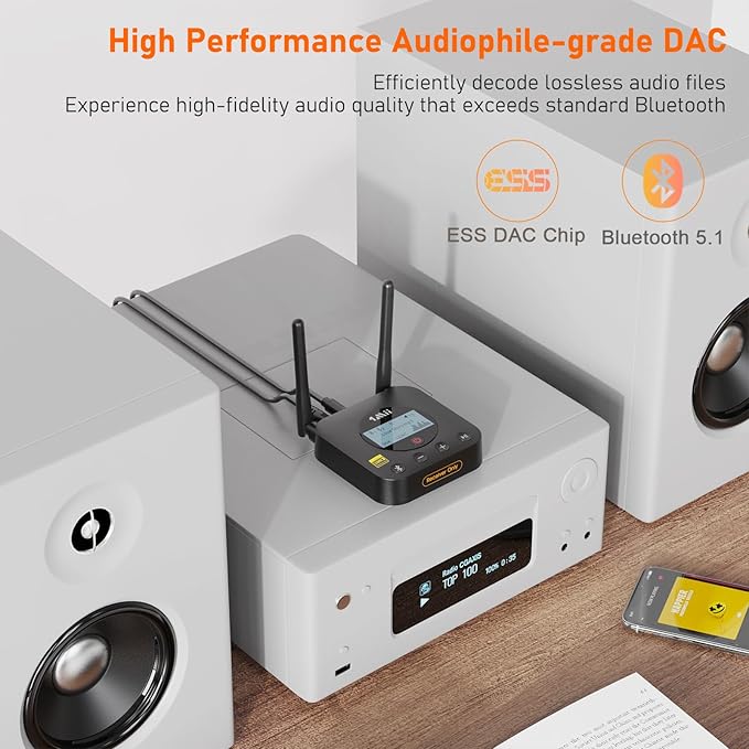 1Mii B06Pro+ Hi-Fi Bluetooth 5.1 Audio Receiver, LDAC Hi-Res Wireless Audio Adapter for Home Stereo w/aptX HD Low Latency, LCD Display, Long Range, Volume Control, 3.5mm AUX Optical Coaxial