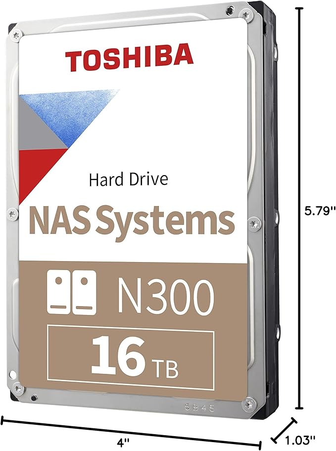 Toshiba N300 16TB NAS 3.5-Inch Internal Hard Drive - CMR SATA 6 GB/s 7200 RPM 512 MB Cache - HDWG51GXZSTA