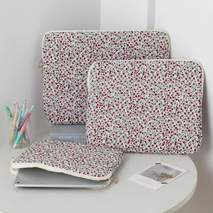 Puffy Laptop Sleeve 13-15.6 Inch Cute Quilted Laptop Protective Case Padded Floral Computer Sleeve for MacBook (B-red, 15 Inch)