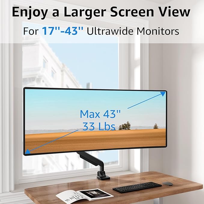 MOUNTUP Single Monitor Mount fits 49 45 44 43 42 40 39 37 34 inch Ultrawide Screen, Holds 6.6-33lbs, Computer Monitor Arm Desk Mount, Heavy Duty Gas Spring Monitor Stand with C-clamp/Grommet Base