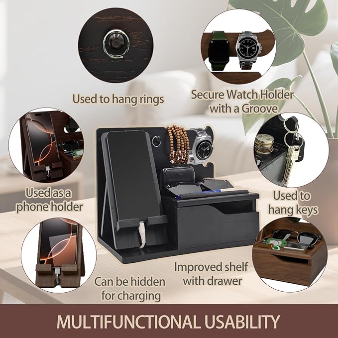 3-in-1 Wood Phone Docking Station Organizer with Drawer & Hidden Charging Hole for Phone, Keys, Glasses & Accessories, for Men (Black, 01)
