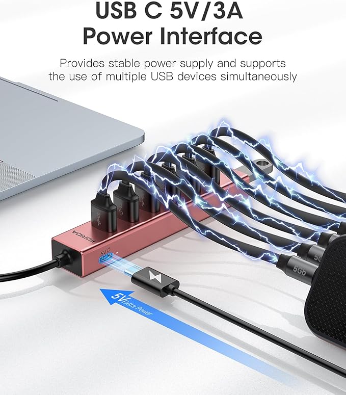 FORIDA USB C Hub-8 Port USB HUB with 7 USB3.0 Data Ports,Aluminum Alloy USBC Splitter with Type C 5V/3A Power Port Compatible with MacBook,iPad,Surface Pro,Laptop,PC (Rose Gold,USB C-9.8in)