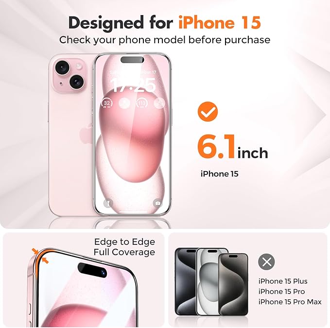 UNBREAKcable 3-Pack Screen Protector for iPhone 15, Double Shatterproof Tempered Glass [Easy Installation Frame] [99.99% HD Clear] [9H Hardness] [Full Coverage] [Case Friendly] for iPhone 6.1 inch