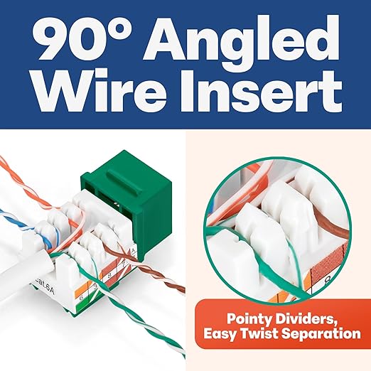 Everest 90° Angled RJ45 Cat6 Keystone Jacks 20-Pack in Green - Slim Profile Female RJ45 Connectors - Cat 6 Keystone Jack - Compatible with 90° Angled Speed Termination Tool - easyJACK (B094WB91H3)
