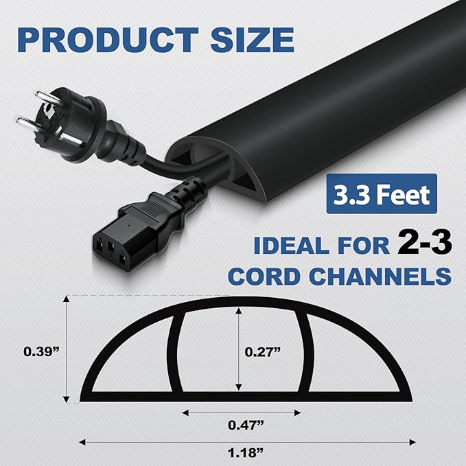 Floor Cord Cover for Wires on Floor Self Adhesive Cord Hider Floor Cable Management Wire Covers for Cords Protector Prevent Cable Trips Cord Cavity W 0.47" x H 0.27", Black, 3.3Ft