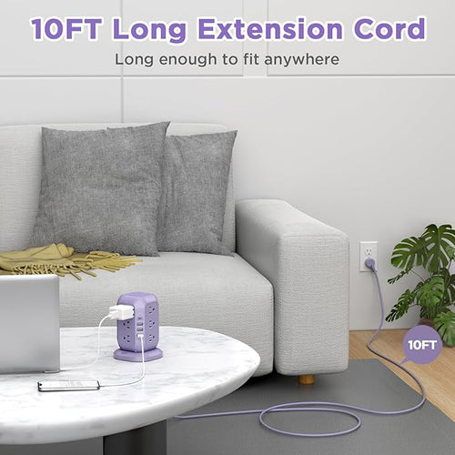 AiJoy USB C Power Strip Tower with 12 AC Outlet and 4 USB Ports Purple