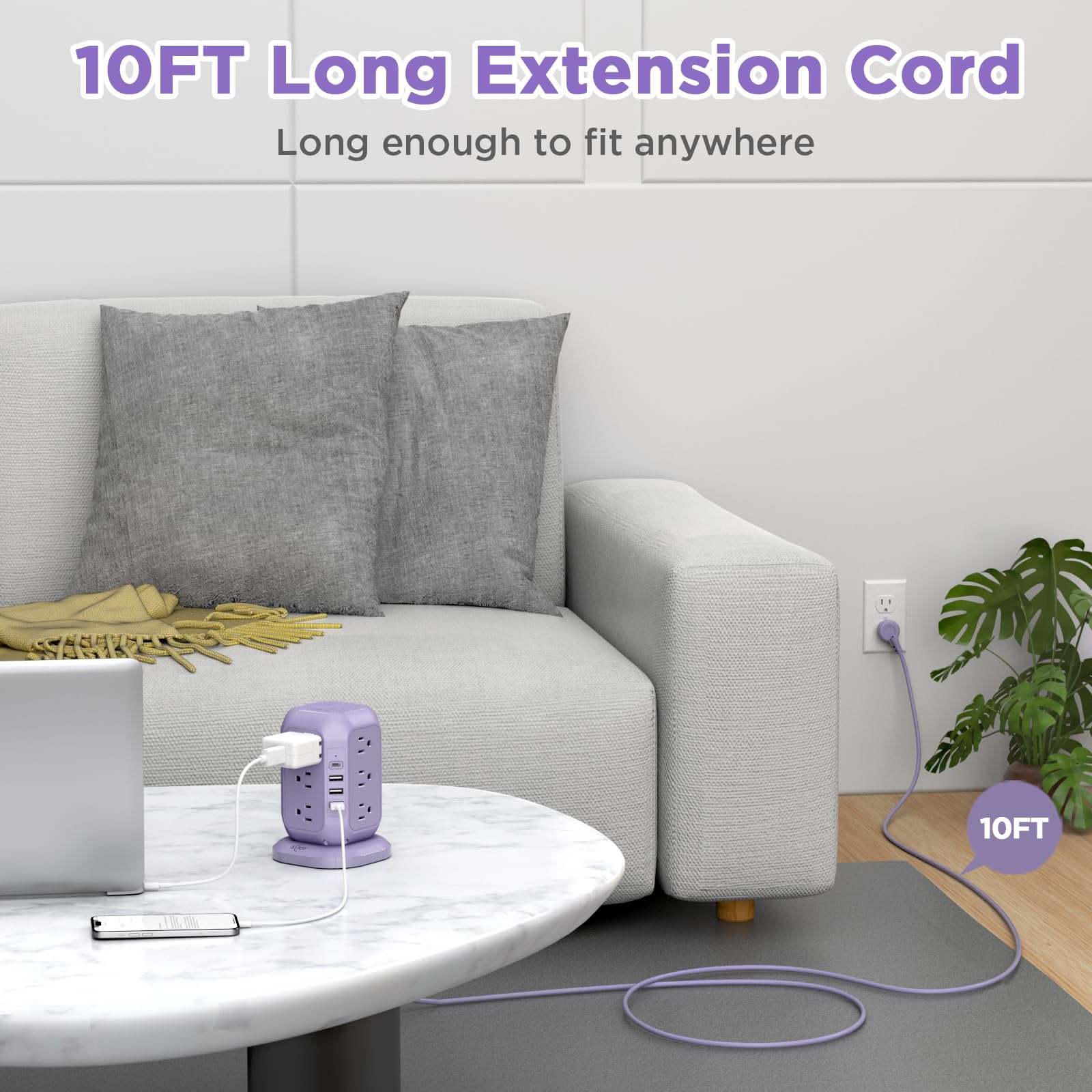 AiJoy USB C Power Strip Tower with 12 AC Outlet and 4 USB Ports Purple