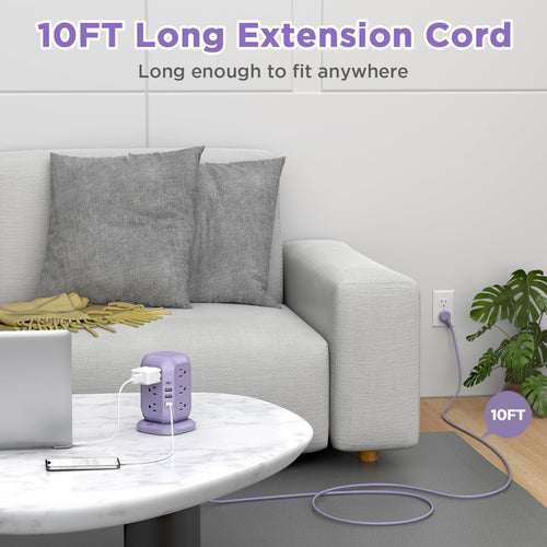 AiJoy USB C Power Strip Tower with 12 AC Outlet and 4 USB Ports Purple