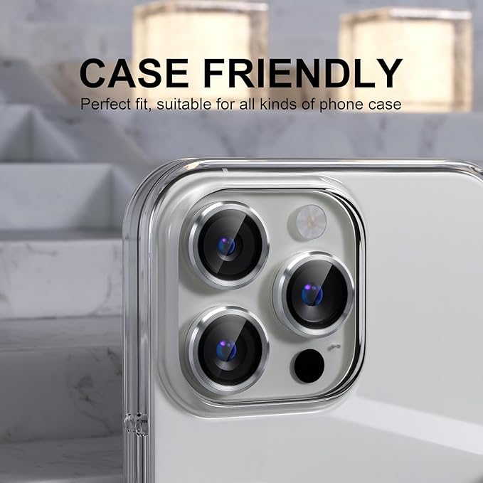 Choiche Compatible for iPhone 16 Pro/iPhone 16 Pro Max Camera Lens Protector, 9H Tempered Glass Camera Cover Screen Protector Metal Ring Decoration Accessories (Silver)