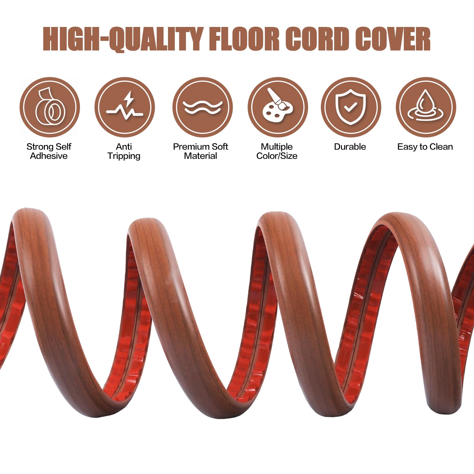 Floor Cord Cover Cavity 0.8"x0.37" Self Adhesive Cord Hider, 10FT Low Profile Cable Management, Extension Strip Protector for Wires, Prevent Cable Trips for Offices, Gyms, Exhibitions（Red Teak）