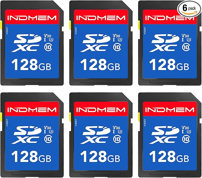 INDMEM SD Card 128GB 6-Pack, Class 10 128GB High Speed up to 90M/S Full HD Video Flash Memory Card MLC Standard Secure Digital Cards Camera Cards