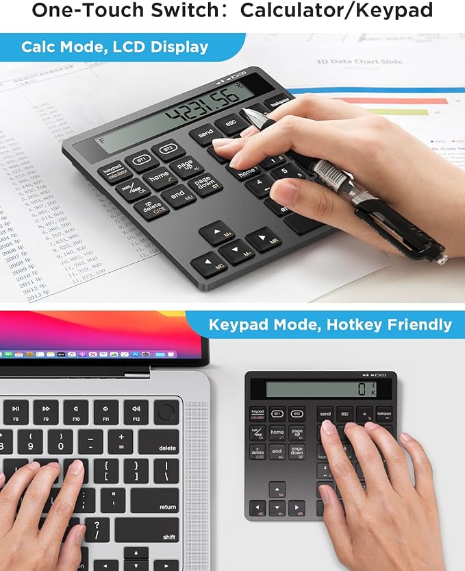 Rechargeable Wireless Number Pad for Laptop, 34 Keys Numeric Keypad with Dual Bluetooth & Display, 2-in-1 Numpad and Calculator, Slim Portable Number Pad Keyboard for Windows, Mac, PC, Tablet