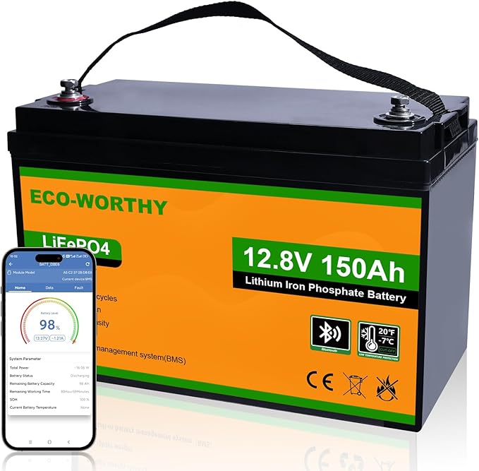 ECO-WORTHY 12V 150AH Bluetooth LiFePO4 Lithium Battery with Low Temperature Protection, Built-in 120A BMS, Perfect for Trolling Motor, Boat, RV, Camping, Home Energy Storage