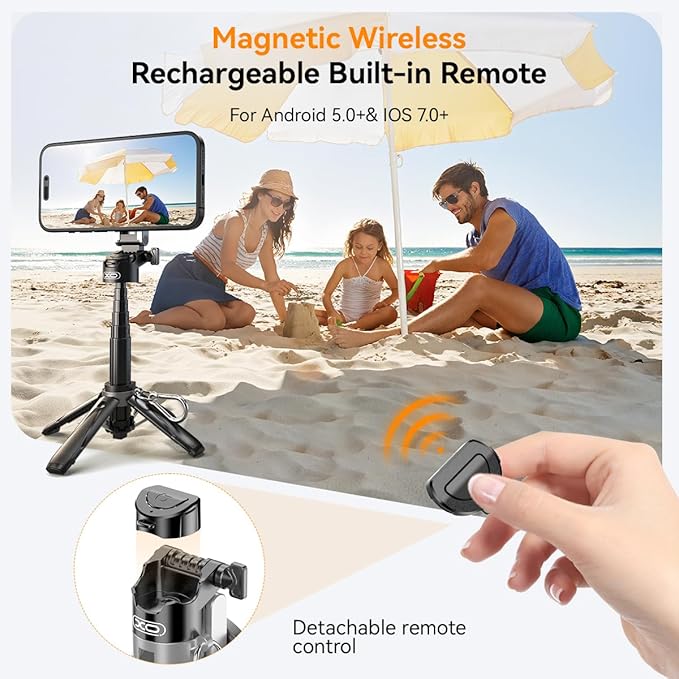 Magnetic Selfie Stick for iPhone,4 in 1 Multifunctional Portable Selfie Sticks Retractable Cell Phone Travel Tripod with Remote Control, Mini Tripod Phone Stand for iPhone 16/15/14/13/12 Series
