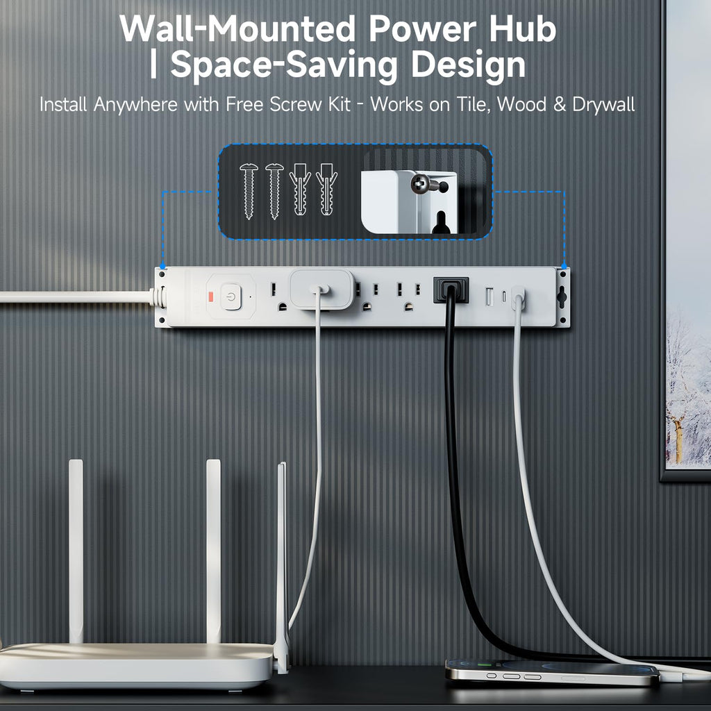 15 Ft Power Strip Surge Protector with USB Ports, Flat Plug Extension Cord, 5 AC Outlets and 3 USB Charging Ports, Wall Mountable for Home, Office, Dorm