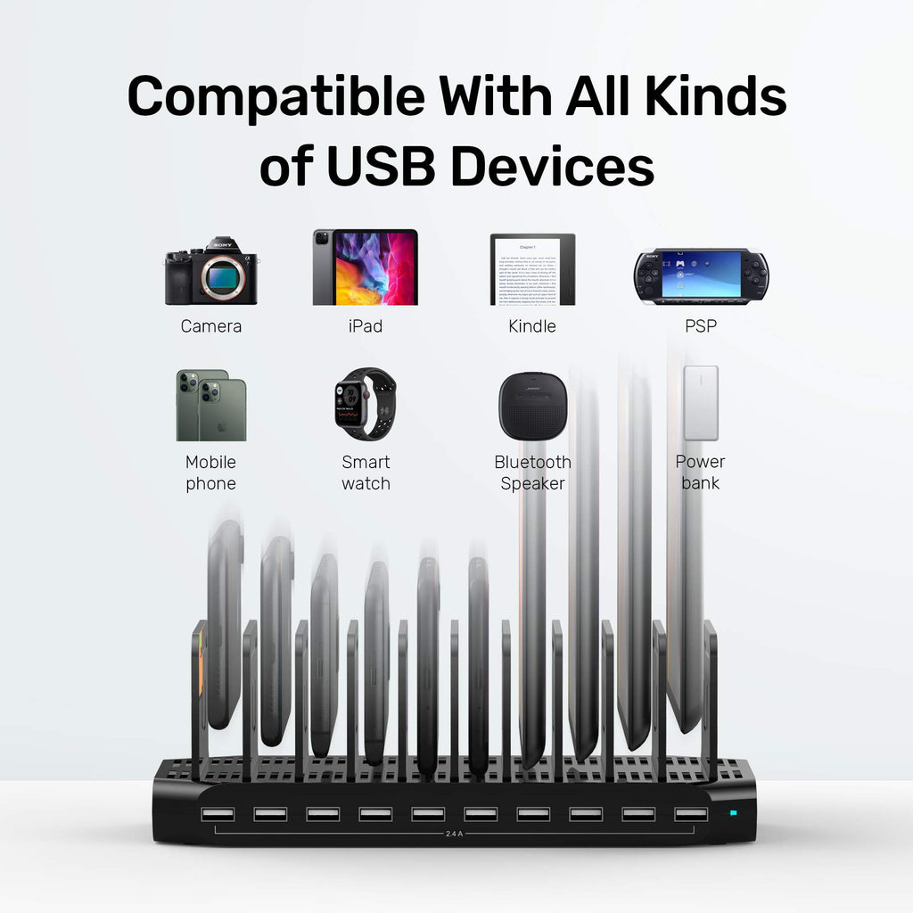 【10PCS】 Unitek Multi Charging Station, 10-Port USB Charger for Multiple Device with SmartIC Tech and Adjustable Dividers, Organizer Stand Compatible with iPad, Tablet, Kindle, iPhone - 10PCS, Black