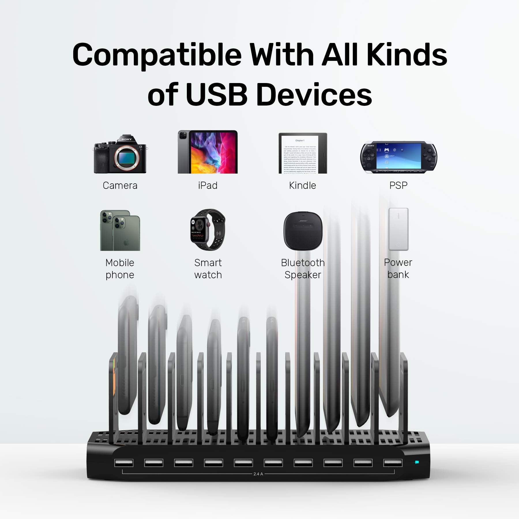 【10PCS】 Unitek Multi Charging Station, 10-Port USB Charger for Multiple Device with SmartIC Tech and Adjustable Dividers, Organizer Stand Compatible with iPad, Tablet, Kindle, iPhone - 10PCS, Black