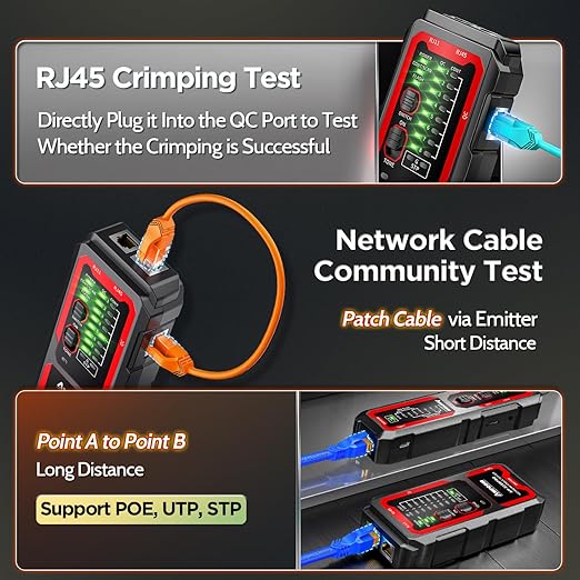 AMPCOM Wire Tracker & Network Cable Tester with PoE Detection, NCV Voltage Detection, RJ45/RJ11 Line Tracer, Type-C Rechargeable, LED Light, for LAN/Ethernet/Telephone Continuity Testing