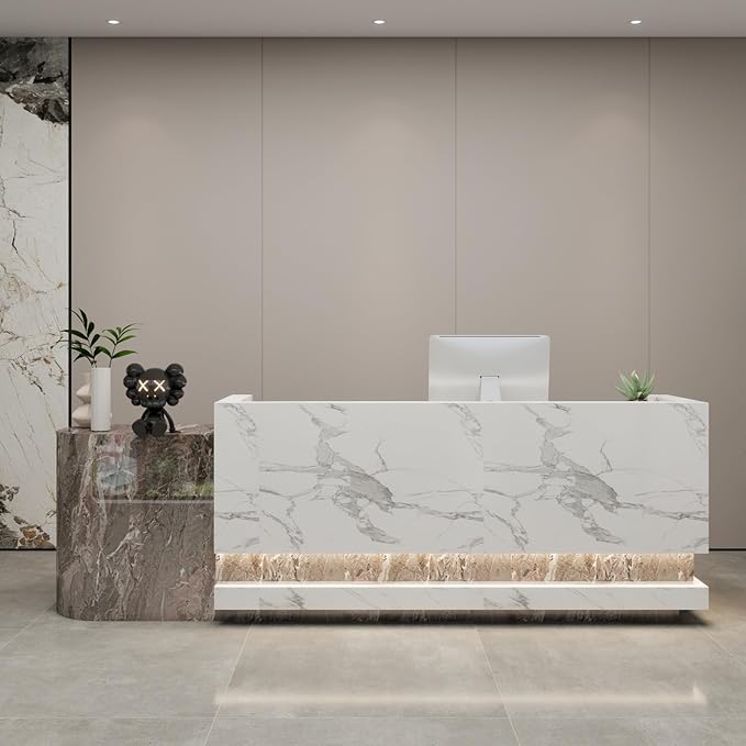 Front Desk Reception Counter - Lockable Storage & Keyboard Tray | Reception Desk with Counter, Customizable Large Counter Table (Grey+White, 84'')