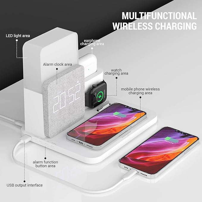 Wireless Charging Station, 7 in 1 Charging Station, Alarm Clock with Wireless Charger, Night Light, iPhone 12/13/14/15/16 Pro/Pro Max13 Mini/13 Pro Max/12 pro, AirPods