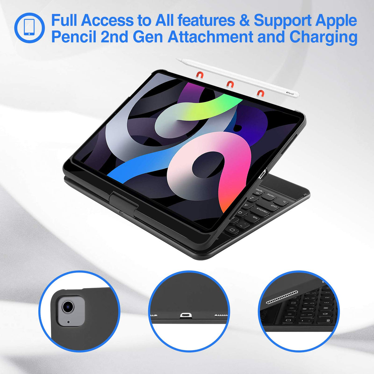 ProCase 360°Swivel Wireless Keyboard Case for iPad Air/Pro 11"/10.9", Black